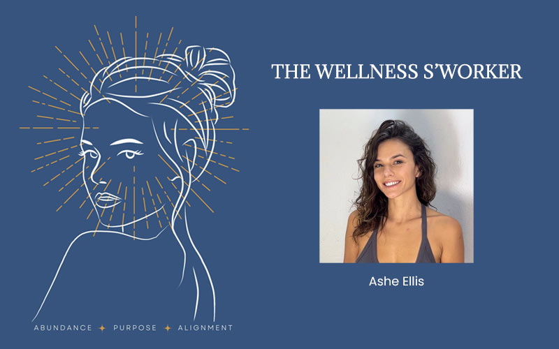 Graphic showing headshot of Ashe Ellis and her logo with white type over dark blue background