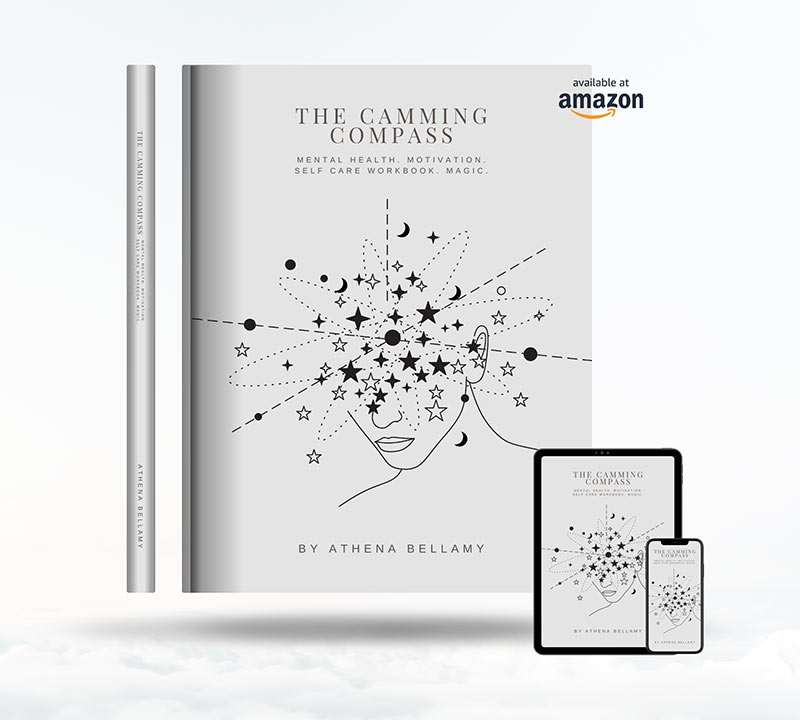 Graphic showing Camming Compass book by Athena Bellamy with smaller inset of tablet and phone