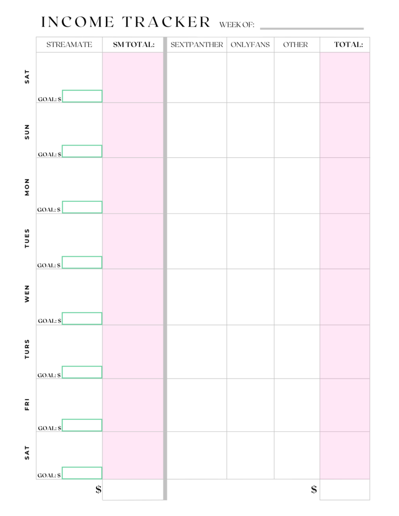 Income Tracker from Athena Bellamy's book, Camming Compass
