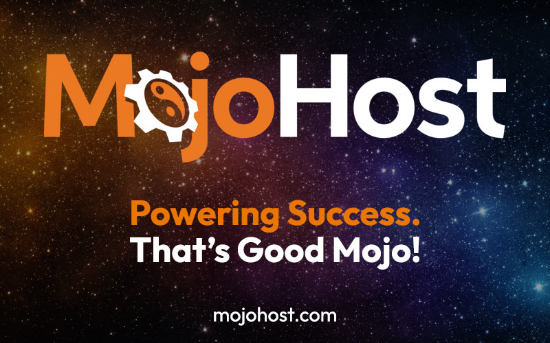 MojoHost Hero Graphic showing photo of the starry universe with overlaying full color spectrum and MojoHost logo in orange and white sans-serif type